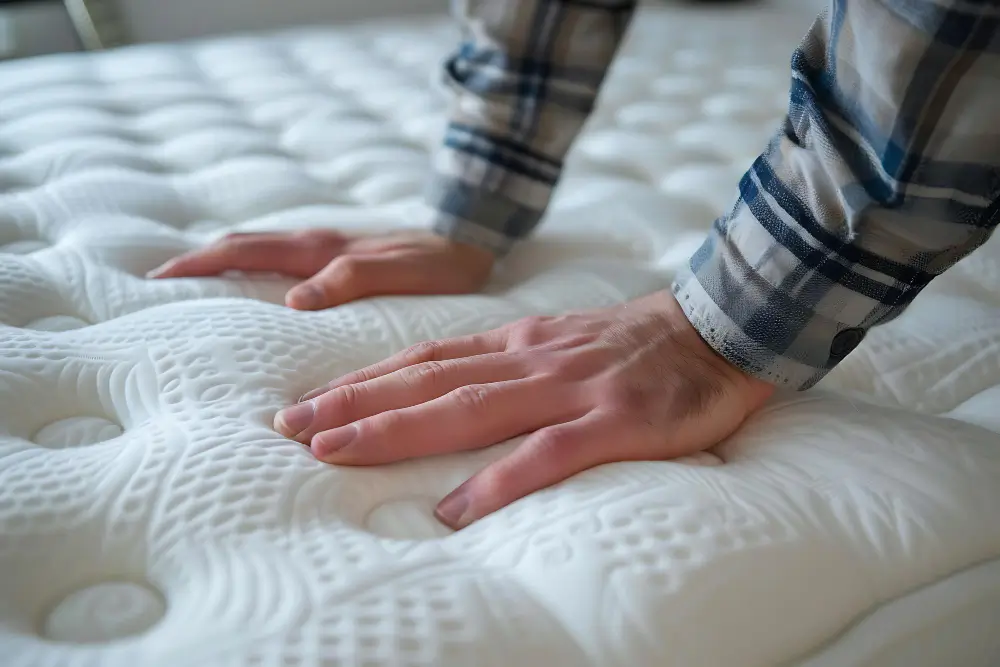 Man checking the quality of the mattresses