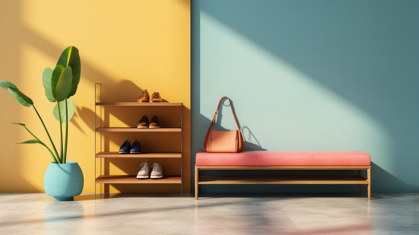 A cozy room featuring a wooden bench, shoe rack, and a vibrant green plant in the corner.