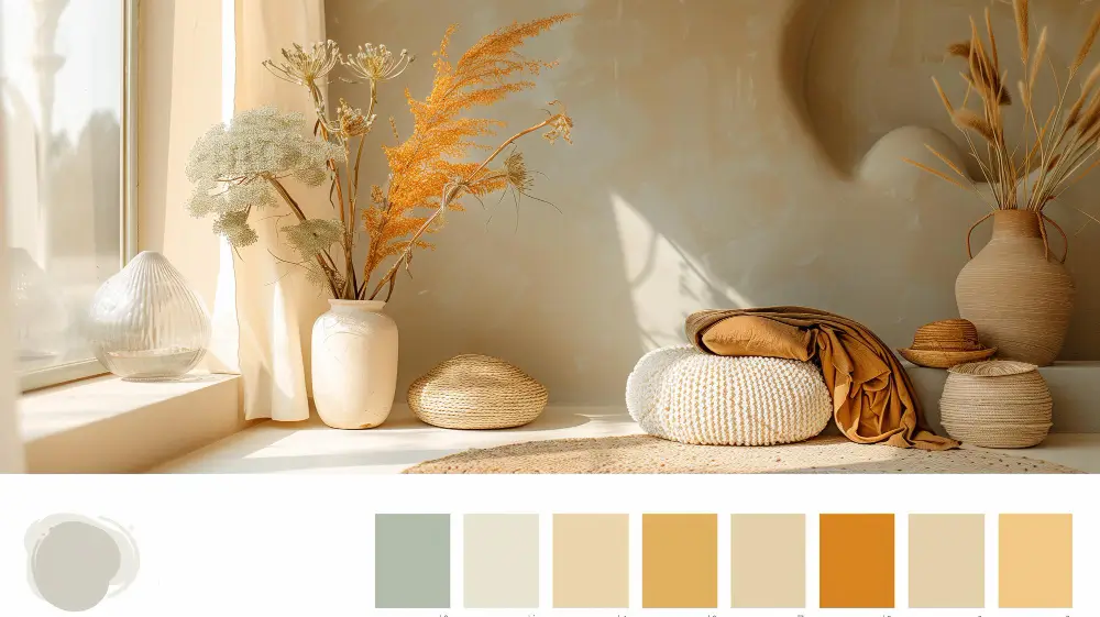 A cozy room featuring a vase of plants and a harmonious color palette, creating a serene atmosphere.