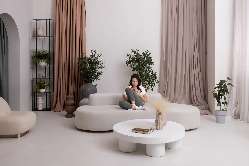 A woman relaxes on a couch in a bright, white room, surrounded by a serene and minimalist atmosphere.