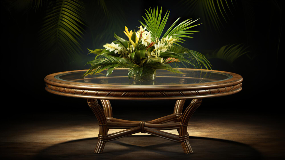 A glass table adorned with a vibrant arrangement of fresh flowers, adding elegance to the setting.