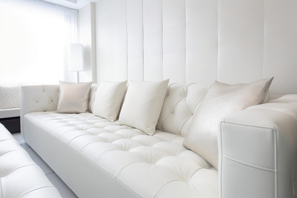 A sleek white leather sofa positioned in a contemporary living room, showcasing modern decor and stylish furnishings.