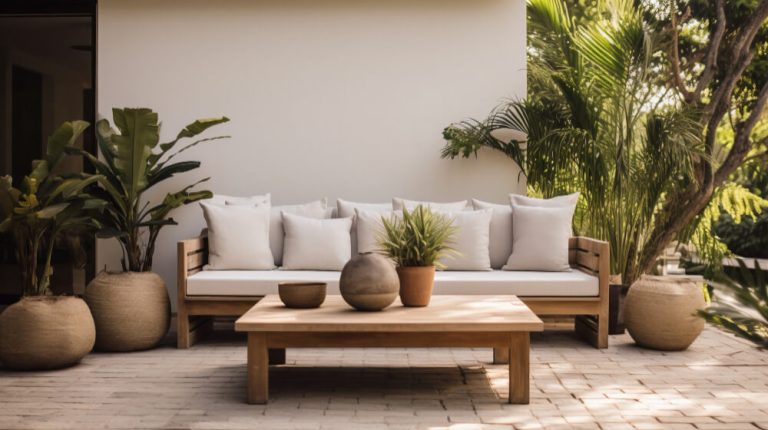 A wooden patio featuring a cozy couch, a table, and several potted plants, creating a welcoming outdoor space.