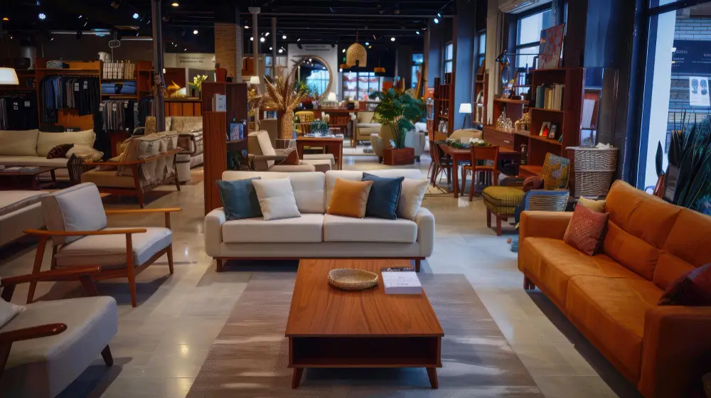 A large room showcasing an array of furniture and extensive shelves filled with items.